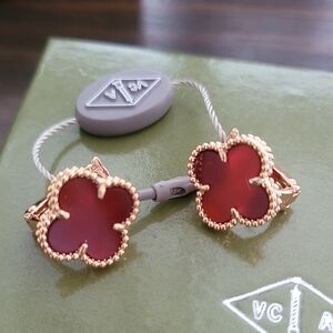 VC&A Red Clover Motif Clip-On Earrings - Rose Gold Trim